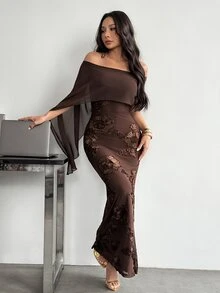 SHEIN PETITE Women's French Elegant Embroidered Mesh Off-Shoulder Dress - Coffee Brown - View 4