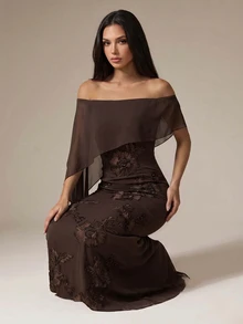 SHEIN PETITE Women's French Elegant Embroidered Mesh Off-Shoulder Dress - Coffee Brown - View 10