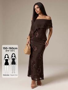 SHEIN PETITE Women's French Elegant Embroidered Mesh Off-Shoulder Dress - Coffee Brown - View 6