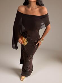 SHEIN PETITE Women's French Elegant Embroidered Mesh Off-Shoulder Dress - Coffee Brown - View 3