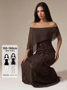 SHEIN PETITE Women's French Elegant Embroidered Mesh Off-Shoulder Dress - Coffee Brown - View 5