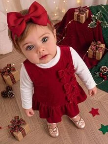 Baby Girl Bow Decor Ruffle Hem Autumn Winter Dress - Burgundy - View 5