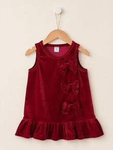 Baby Girl Bow Decor Ruffle Hem Autumn Winter Dress - Burgundy - View 3