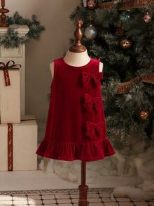 Baby Girl Bow Decor Ruffle Hem Autumn Winter Dress - Burgundy - View 4