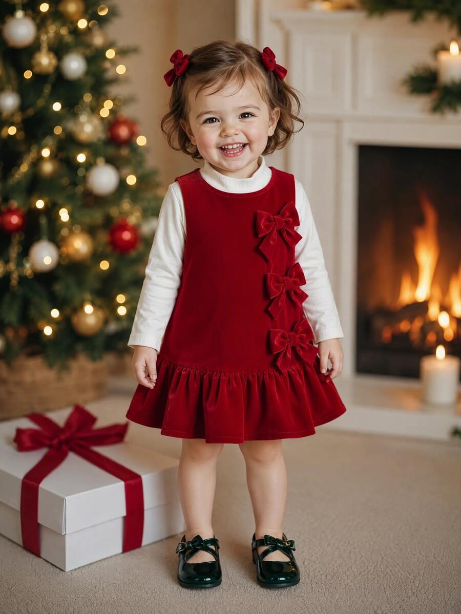 Baby Girl Bow Decor Ruffle Hem Autumn Winter Dress - Burgundy - View 1
