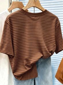 Resyla Vintage Colorful Wide Striped Women's Short Sleeve T-Shirt, Summer Casual Round Neck Top - Multicolor - View 2