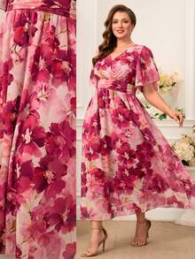 Miaspire 大尺碼女款花卉印花重疊V領荷葉邊短袖優雅星空風夏季婚禮正式晚宴花茶輕粉色洋裝 - 酒紅色 - 查看 9