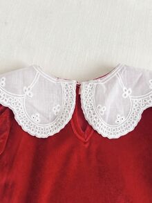 SHEIN Baby Girl Burgundy Velvet Long Sleeve Dress With Contrast Lace Collar, Suitable For Christmas - Burgundy - View 7
