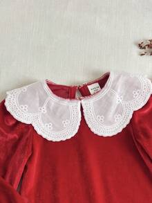 SHEIN Baby Girl Burgundy Velvet Long Sleeve Dress With Contrast Lace Collar, Suitable For Christmas - Burgundy - View 5
