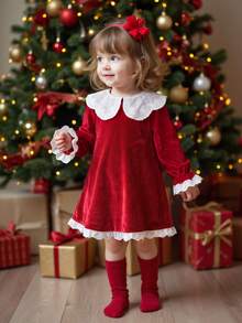 SHEIN Baby Girl Burgundy Velvet Long Sleeve Dress With Contrast Lace Collar, Suitable For Christmas - Burgundy - View 9
