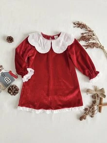 SHEIN Baby Girl Burgundy Velvet Long Sleeve Dress With Contrast Lace Collar, Suitable For Christmas - Burgundy - View 3