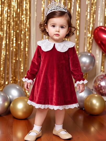 SHEIN Baby Girl Burgundy Velvet Long Sleeve Dress With Contrast Lace Collar, Suitable For Christmas