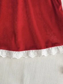 SHEIN Baby Girl Burgundy Velvet Long Sleeve Dress With Contrast Lace Collar, Suitable For Christmas - Burgundy - View 6