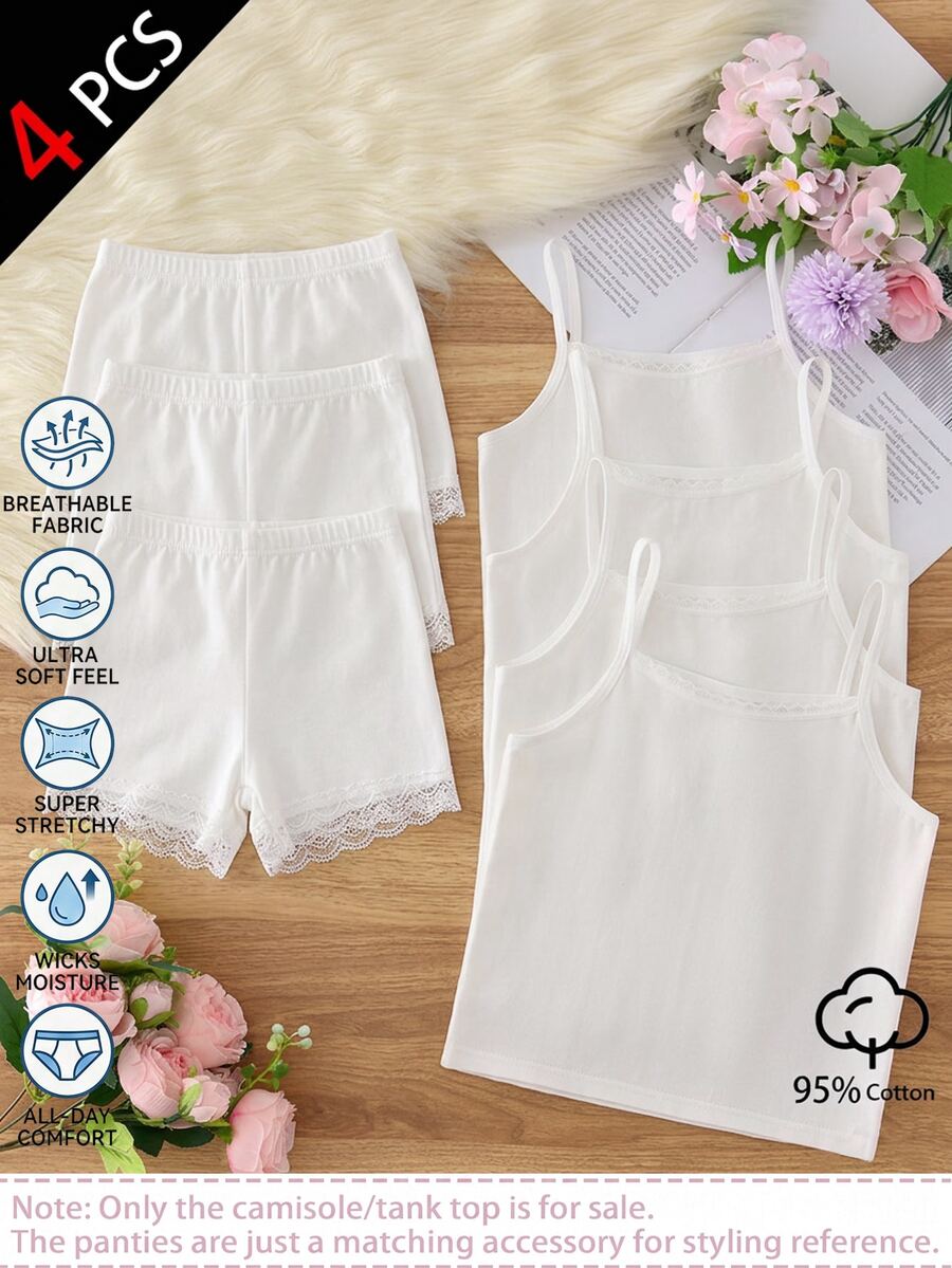 SHEIN 四季通用秋冬小女孩純白色基礎層上衣,百搭基本款,蕾絲飾領口,適合校園穿著 - 白色 - 查看 1