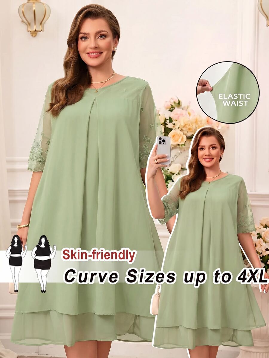 Miaspire Plus Size Lace Patchwork Round Neck Simple Casual Celestial Elegant Dress Summer Outfits For Women Modest Wedding Guest Chiffon Sage Green - Green - View 1