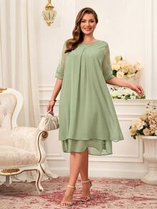 Miaspire Plus Size Lace Patchwork Round Neck Simple Casual Celestial Elegant Dress Summer Outfits For Women Modest Wedding Guest Chiffon Sage Green - Green - View 5