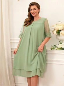 Miaspire Plus Size Lace Patchwork Round Neck Simple Casual Celestial Elegant Dress Summer Outfits For Women Modest Wedding Guest Chiffon Sage Green - Green - View 6