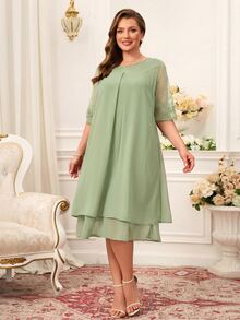 Miaspire Plus Size Lace Patchwork Round Neck Simple Casual Celestial Elegant Dress Summer Outfits For Women Modest Wedding Guest Chiffon Sage Green - Green - View 4