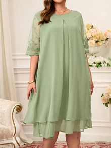 Miaspire Plus Size Lace Patchwork Round Neck Simple Casual Celestial Elegant Dress Summer Outfits For Women Modest Wedding Guest Chiffon Sage Green - Green - View 3