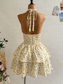 Soleia Ditsy Floral Print Lace Up Front Halter Neck Backless Dress - Multicolor - View 2