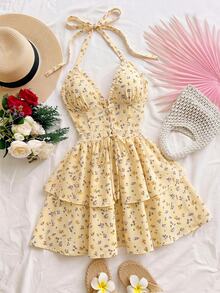 Soleia Ditsy Floral Print Lace Up Front Halter Neck Backless Dress - Multicolor - View 1