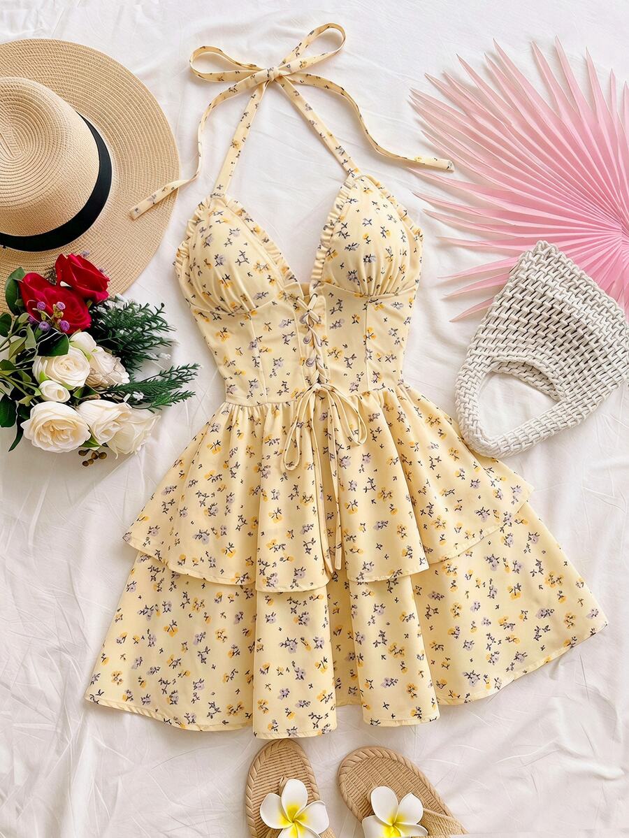 Soleia Ditsy Floral Print Lace Up Front Halter Neck Backless Dress - Multicolor - View 1