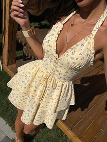 Soleia Ditsy Floral Print Lace Up Front Halter Neck Backless Dress - Multicolor - View 4