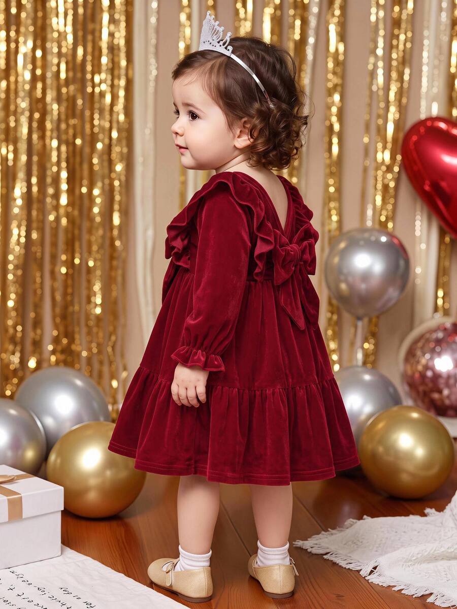 SHEIN Baby Girl Burgundy Velvet Long Sleeve V-Neck Cinched Waist Ruffle Cuff Maxi Autumn Dress, Suitable For Christmas And Winter - Burgundy - View 1