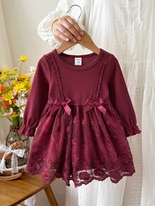 SHEIN Baby Girl Jacquard Fabric Patchwork Elastic Ribbed Long Sleeve Bow Decor Round Neck Waist-Cinching A-Line Autumn Dress, Suitable For Winter Christmas - Burgundy - View 3