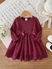 SHEIN Baby Girl Jacquard Fabric Patchwork Elastic Ribbed Long Sleeve Bow Decor Round Neck Waist-Cinching A-Line Autumn Dress, Suitable For Winter Christmas - Burgundy - View 5