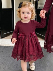 SHEIN Baby Girl Jacquard Fabric Patchwork Elastic Ribbed Long Sleeve Bow Decor Round Neck Waist-Cinching A-Line Autumn Dress, Suitable For Winter Christmas - Burgundy - View 6
