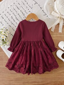 SHEIN Baby Girl Jacquard Fabric Patchwork Elastic Ribbed Long Sleeve Bow Decor Round Neck Waist-Cinching A-Line Autumn Dress, Suitable For Winter Christmas - Burgundy - View 2