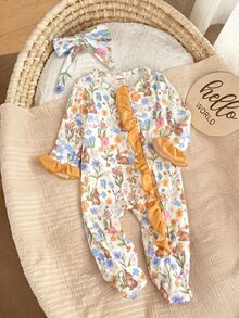 SHEIN Newborn Baby Boy Cute Knitted Casual Cartoon Pattern Romper & Headband Set - Mustard Yellow - View 6