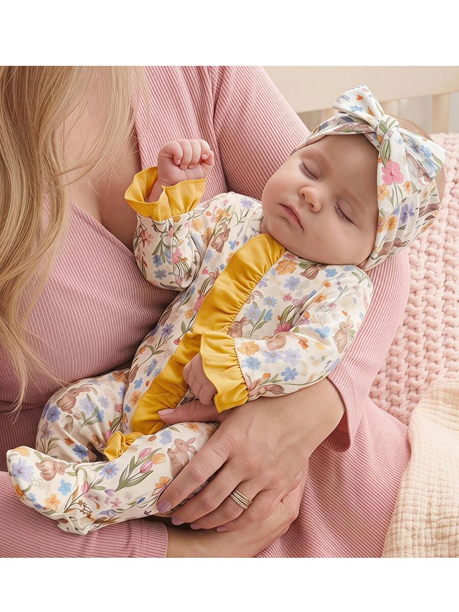 SHEIN Newborn Baby Boy Cute Knitted Casual Cartoon Pattern Romper & Headband Set - Mustard Yellow - View 1