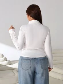 Solflare Plus Size Casual Solid Color Turtleneck T-Shirt, Autumn/Winter - White - View 3