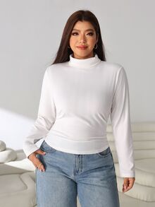 Solflare Plus Size Casual Solid Color Turtleneck T-Shirt, Autumn/Winter - White - View 5