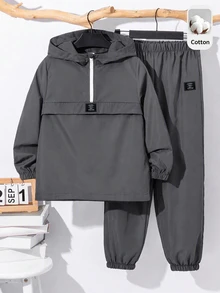 SHEIN 2件組兒童青少年男孩半拉鍊連帽外套與慢跑長褲套裝，休閒運動風，適合秋冬穿著 - 灰色 - 查看 3
