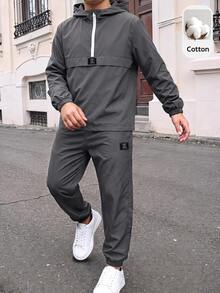 SHEIN 2件組兒童青少年男孩半拉鍊連帽外套與慢跑長褲套裝，休閒運動風，適合秋冬穿著 - 灰色 - 查看 4