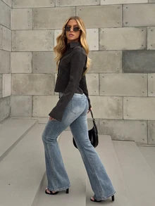SHEIN MOD بنطلون جينز نسائي بجيوب وأزرار بقصة واسعة من الأسفل ملابس خريفية للنساء - أزرق داكن - مشاهدة 2