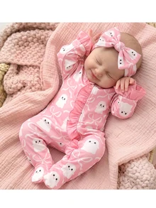 SHEIN Newborn Baby Boy Cute Knitted Casual Cartoon Bear Pattern Romper & Headband Set - Baby Pink - View 1