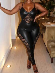 Slaydiva Plus Size Women's Sexy Lace & PU Leather Patchwork Cami Jumpsuit - Black - View 7