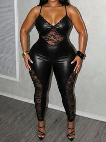 Slaydiva Plus Size Women's Sexy Lace & PU Leather Patchwork Cami Jumpsuit - Black - View 5