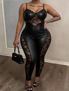 Slaydiva Plus Size Women's Sexy Lace & PU Leather Patchwork Cami Jumpsuit - Black - View 4
