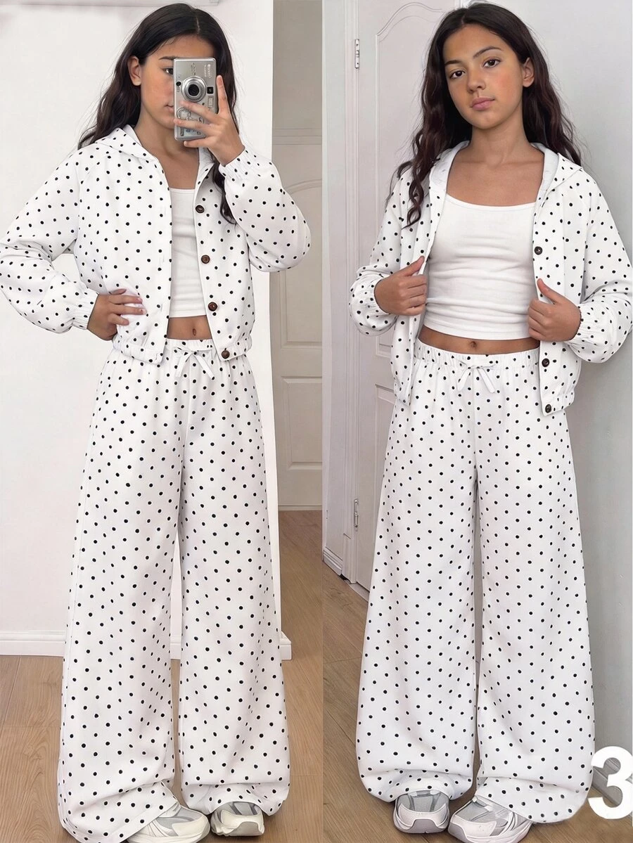 SHEIN 青少年女孩秋季套裝,波點鈕扣短版連帽外套、純白色細肩帶背心與抽繩寬腿褲 3 件式休閒運動套裝 - 白色 - 查看 1