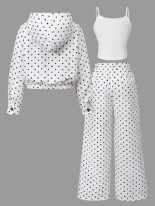 SHEIN 青少年女孩秋季套裝，波點鈕扣短版連帽外套、純白色細肩帶背心與抽繩寬腿褲 3 件式休閒運動套裝 - 白色 - 查看 3