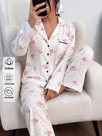 SHEIN Women White With Pink Floral Print Long Sleeve Button Front Pajama Set With Long Pants, Lapel Collar And Contrast Piping