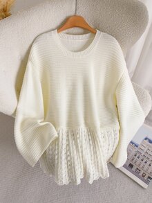CosyJoli Plus Drop Shoulder Open Knit Ruffle Hem Sweater Formal Office Allover White Autumn Casual Elegant - Krem - View 3