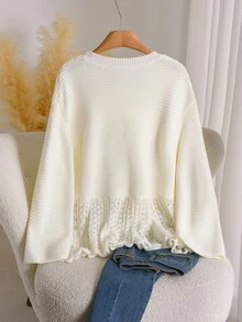CosyJoli Plus Drop Shoulder Open Knit Ruffle Hem Sweater Formal Office Allover White Autumn Casual Elegant - Krem - View 5