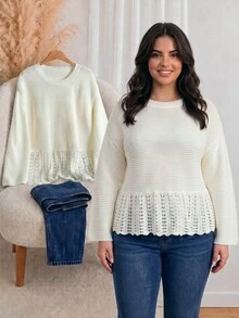 CosyJoli Plus Drop Shoulder Open Knit Ruffle Hem Sweater Formal Office Allover White Autumn Casual Elegant - Krem - View 2