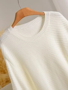 CosyJoli Plus Drop Shoulder Open Knit Ruffle Hem Sweater Formal Office Allover White Autumn Casual Elegant - Krem - View 7